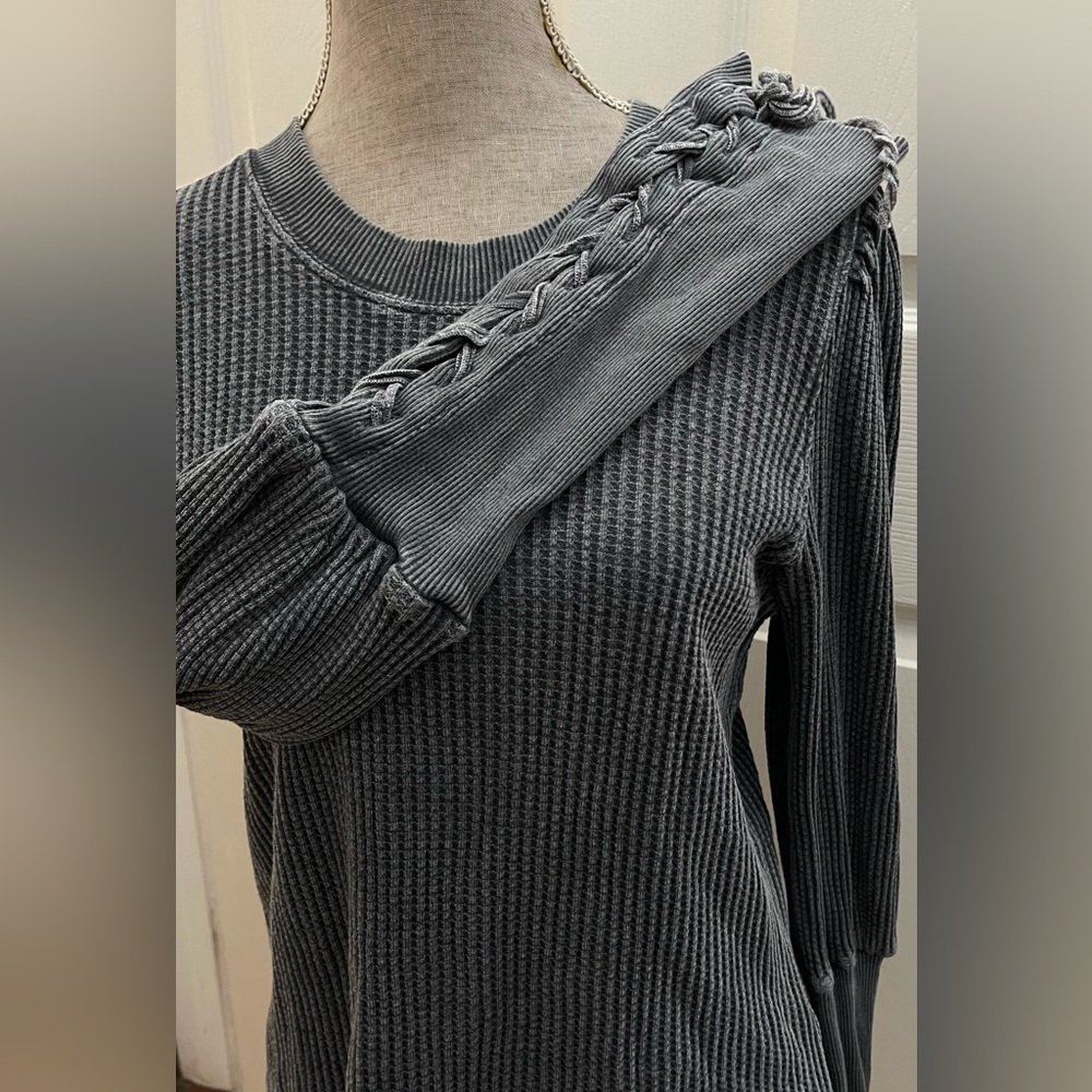 Free People Dark Gray Waffle Knit Puff Sleeve Sweater with Lace-Up Sleeves